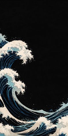 an image of the great wave in black and blue colors with white waves on it