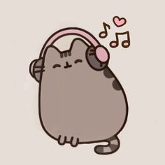 a cat with headphones and music notes floating above it's ears, listening to music
