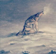 a painting of a wolf sitting in the snow
