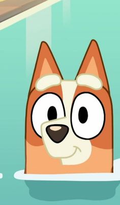 a cartoon cat with big eyes floating in the water and looking at something off to the side