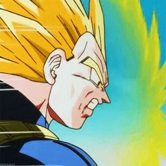 an anime character with yellow hair and blue eyes looking to his left, in front of a green background