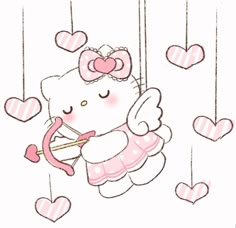hello kitty is holding an arrow in her hand and hearts are hanging from the ceiling