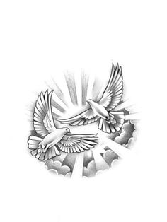 two birds flying in the sky with sun rays behind them