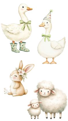 an illustration of sheep, ducks and lambs with hats on their heads for birthday cards