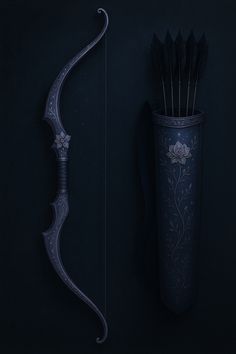 an arrow and bow in a vase on a black background, with the handle still attached to it