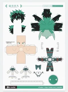 some paper dolls are in the shape of anime character heads and hair, with green leaves on