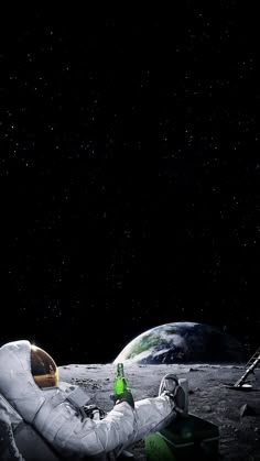 an astronaut sitting on the moon drinking beer