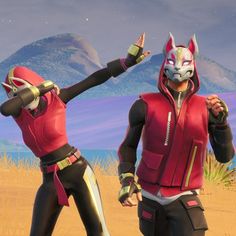 two animated characters in red and black outfits standing next to each other with their arms outstretched