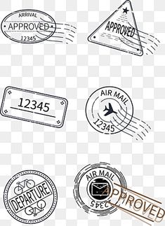 various stamps with the words approved on them, including an airplane and air mail stamp