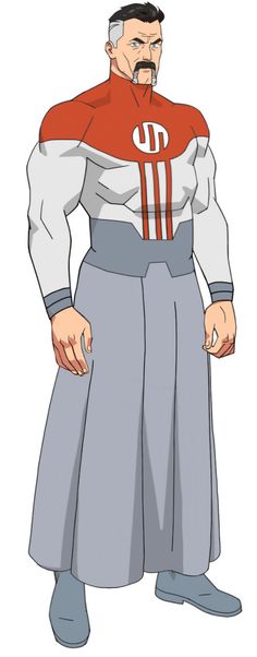 an animated man in grey pants and red shirt standing with his hands on his hips