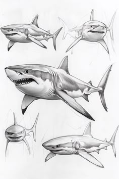pencil drawing of sharks and other marine creatures
