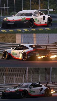 three race cars on the track with flames coming out of them