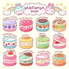 the macaroon shop is filled with cakes and desserts