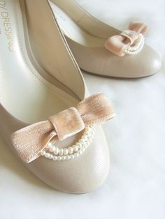 Handmade bridal shoe clips, pink/beige ribbon and pearls. By Risakovska on Etsy. $20 Elegant Flat Shoe Clips For Party, Pink Ribbon Shoe Accessories, Elegant Evening Shoe Clips For Summer, Small Satin Rose Shoe Clips, Satin Rose Shoe Clips, Romantic Shoe Clips - Etsy, Clip On Bows For Shoes, Decorative Shoe Clips, Elegant Bow Shoe Clips For Wedding