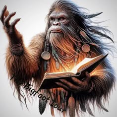 a drawing of a bigfoot holding a book in his hands with feathers on it