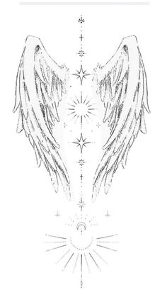 the back side of an angel wing tattoo design, with stars and arrows on it