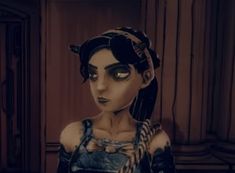 an animated woman in a blue dress holding a rope and looking at the camera while standing next to a wooden wall