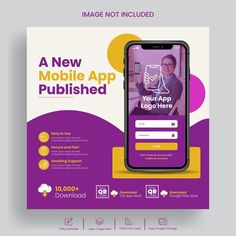 a purple and yellow flyer for a mobile app