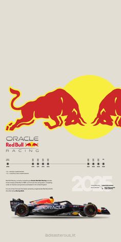 the red bull racing car is shown in this graphic art print, which includes an image of two bulls
