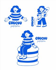 three blue and white logos with people in striped shirts, one holding a surfboard