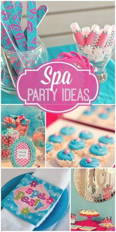 a collage of pictures with blue and pink items on it, including cupcakes
