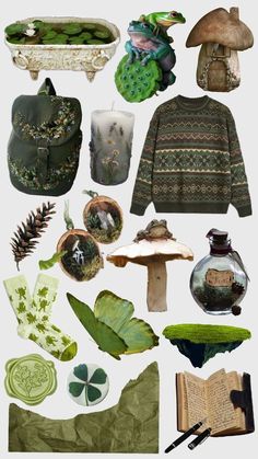 an assortment of items are arranged in the shape of a collage, including books and vases