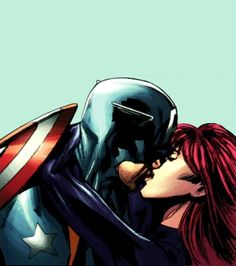 a man and woman kissing in front of an image of the captain's shield