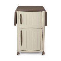 a white cabinet with brown top and wheels on the bottom, against a white background