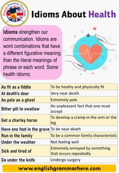 an info sheet with the words idioms about health and other things in it