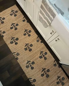 a bathroom with a rug on the floor next to a bathtub and sink area