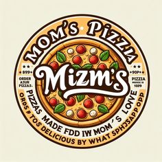 the logo for mom's pizza, which is made from two different types of pizza