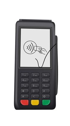 a black calculator with a drawing on the screen and an arrow pointing at it
