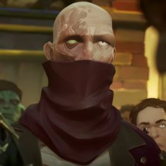 an animated image of a man with green eyes and a scarf around his neck, surrounded by other people