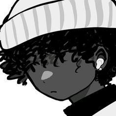 a black and white drawing of a boy wearing a hat with ear tags on his ears