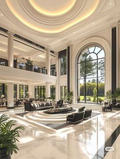 a large living room with high ceilings and big windows