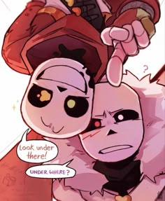 an image of two cartoon characters with one holding the other's head and looking at something