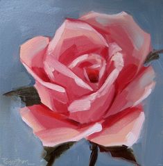 an oil painting of a pink rose on a blue and gray background, with the stem still attached
