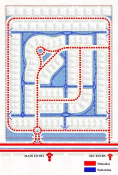 a map with red and blue lines on it, indicating the location of many streets