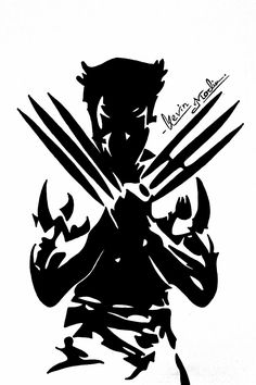 a black and white drawing of wolverine with claws on his chest, holding two knives