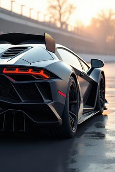 a black sports car is parked on the street in front of an overpass at sunset
