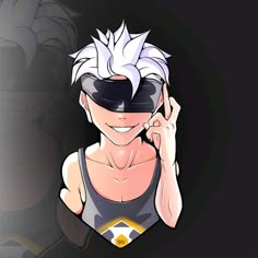 an anime character wearing goggles and holding his hand up to his face with one eye open