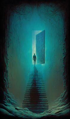 a man standing at the top of stairs in front of an open door