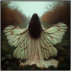 a woman is sitting in the grass with her wings spread out to look like a butterfly