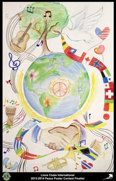 a drawing of two hands holding each other with musical notes around them and the earth