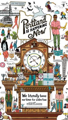 a large clock surrounded by many people and things that are in the shape of a map