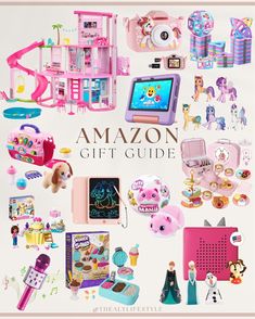 the cover of an amazon gift guide with toys and games on it, including barbies