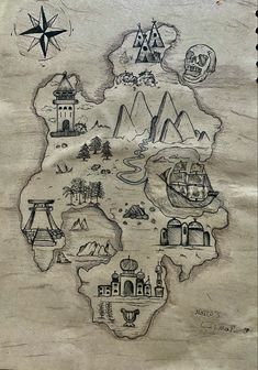 a drawing of a map with many different things in the middle and one on top