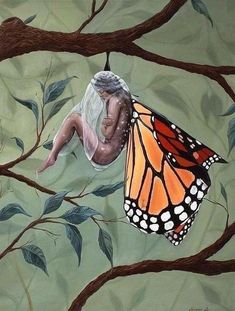 a painting of a woman sitting on a tree branch with a butterfly flying over her head