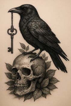 a drawing of a crow sitting on top of a skull with a key in its mouth