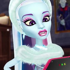 an animated image of a woman with white hair and blue eyes holding a pink tablet
